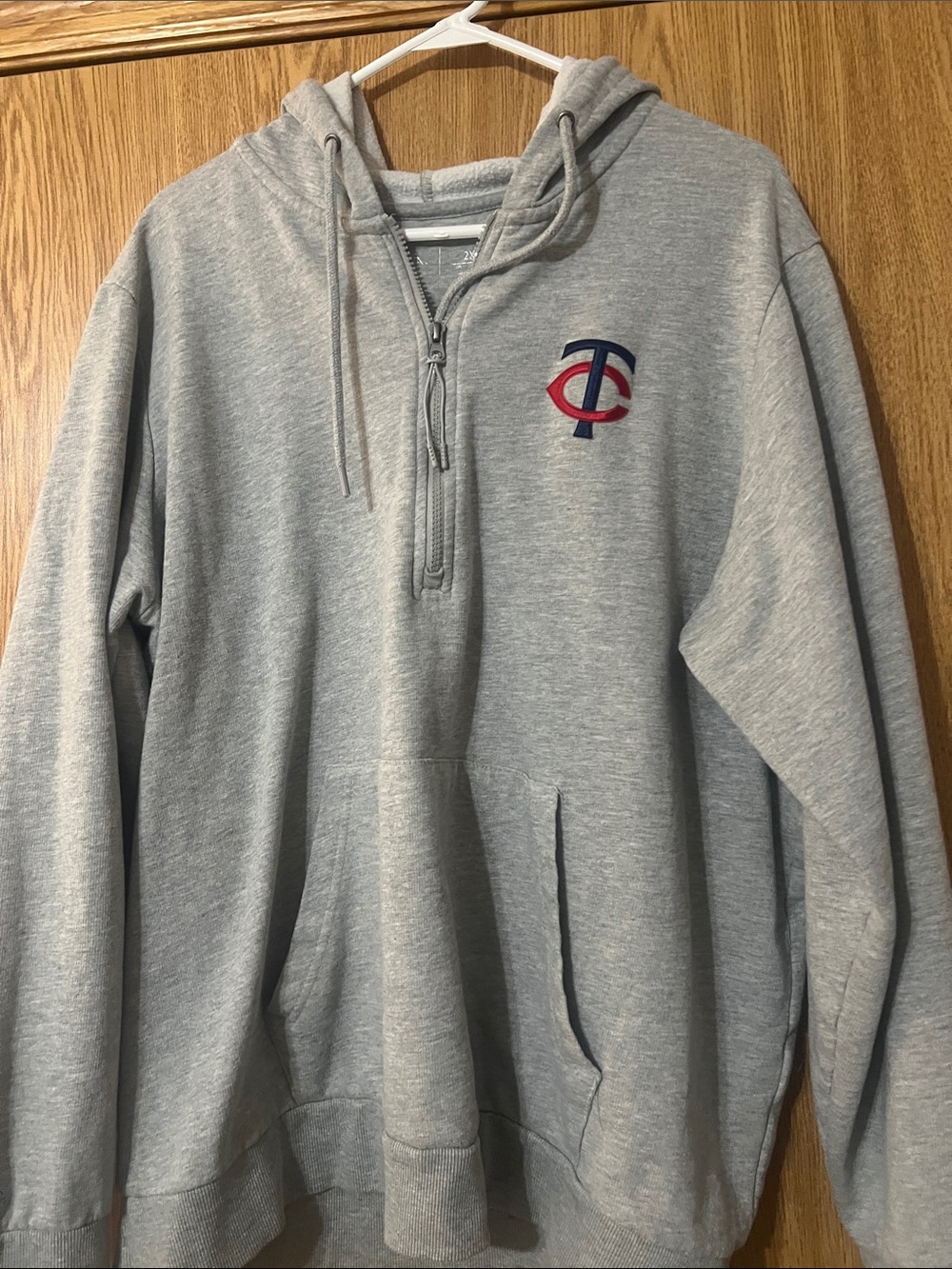Gray Pullover Hoodie with Red & Navy Chest Logo- Minnesota Twins
